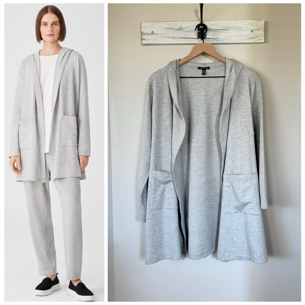 Eileen Fisher Light Gray Hooded Open-Front Long Cardigan